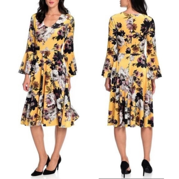 Marc Bouwer Yellow Velvet Floral Bell Sleeve Dress XL - Picture 1 of 10